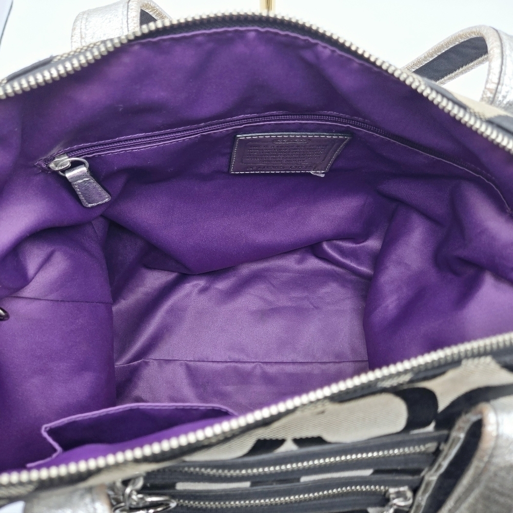 COACH Poppy Canvas Tote Black Op C Print Purple Lining Large Sequence Tag - Picture 12 of 14